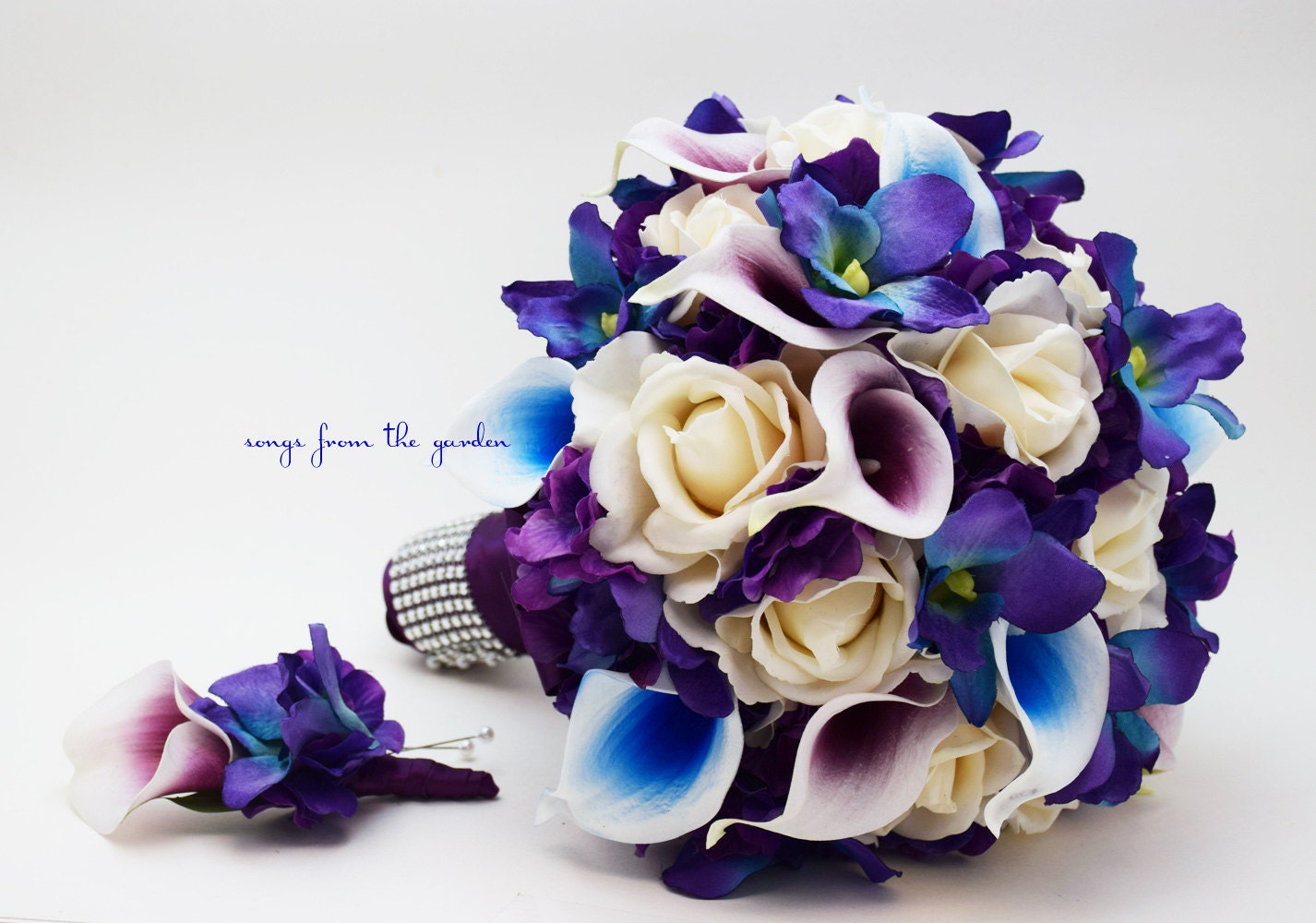 Galaxy Blue Orchid Calla Bridal or Bridesmaid Bouquet - add a Groom's or Groomsman Boutonniere - Blue Purple Plum White Wedding Bouquet