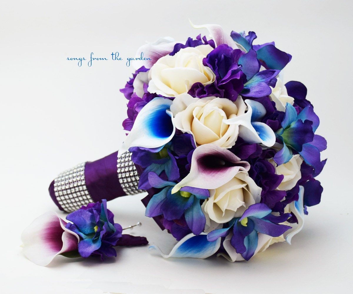 Galaxy Blue Orchid Calla Bridal or Bridesmaid Bouquet - add a Groom's or Groomsman Boutonniere - Blue Purple Plum White Wedding Bouquet