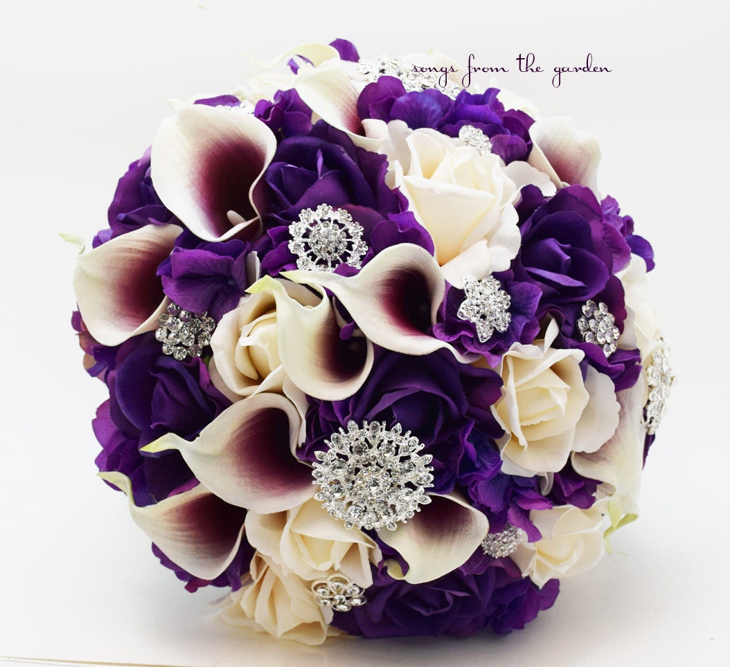 Bridal Bridesmaid Bouquet Real Touch Callas Purple Ivory Roses Rhinestones Purple Hydrangea - add Groom Groomsmen Boutonniere - Prom Bouquet