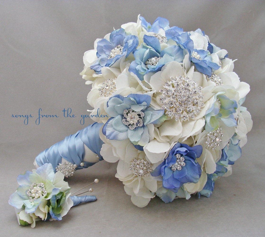 Blue and White Brooches & Blooms Bridal or Bridesmaid Bouquet Boutonniere - Silk Flower Wedding White Blue Bouquet - Add a Boutonniere