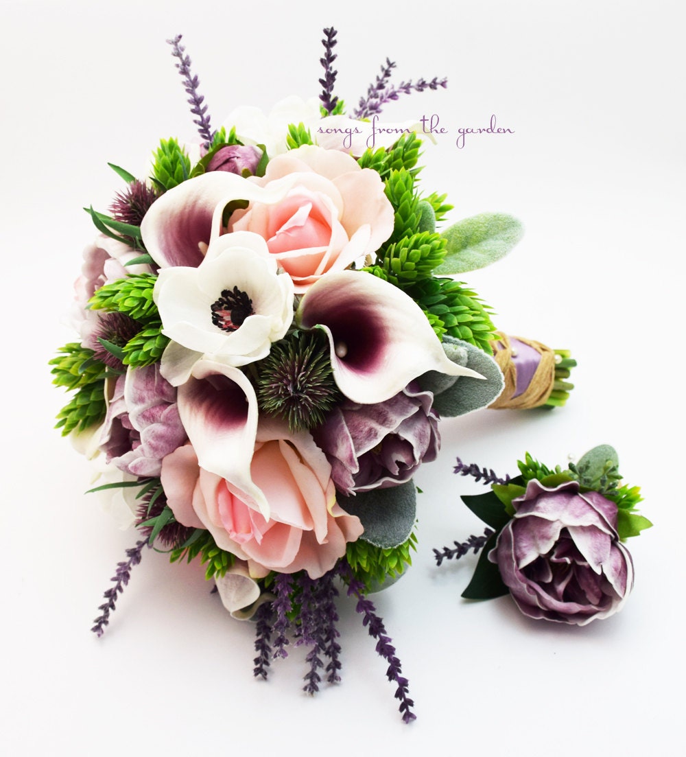 Bridal Bridesmaid Bouquet with Anemones Peonies Callas Roses - add Groom or Groomsman Boutonniere, Cake Flowers, Centerpieces, Flower Crown