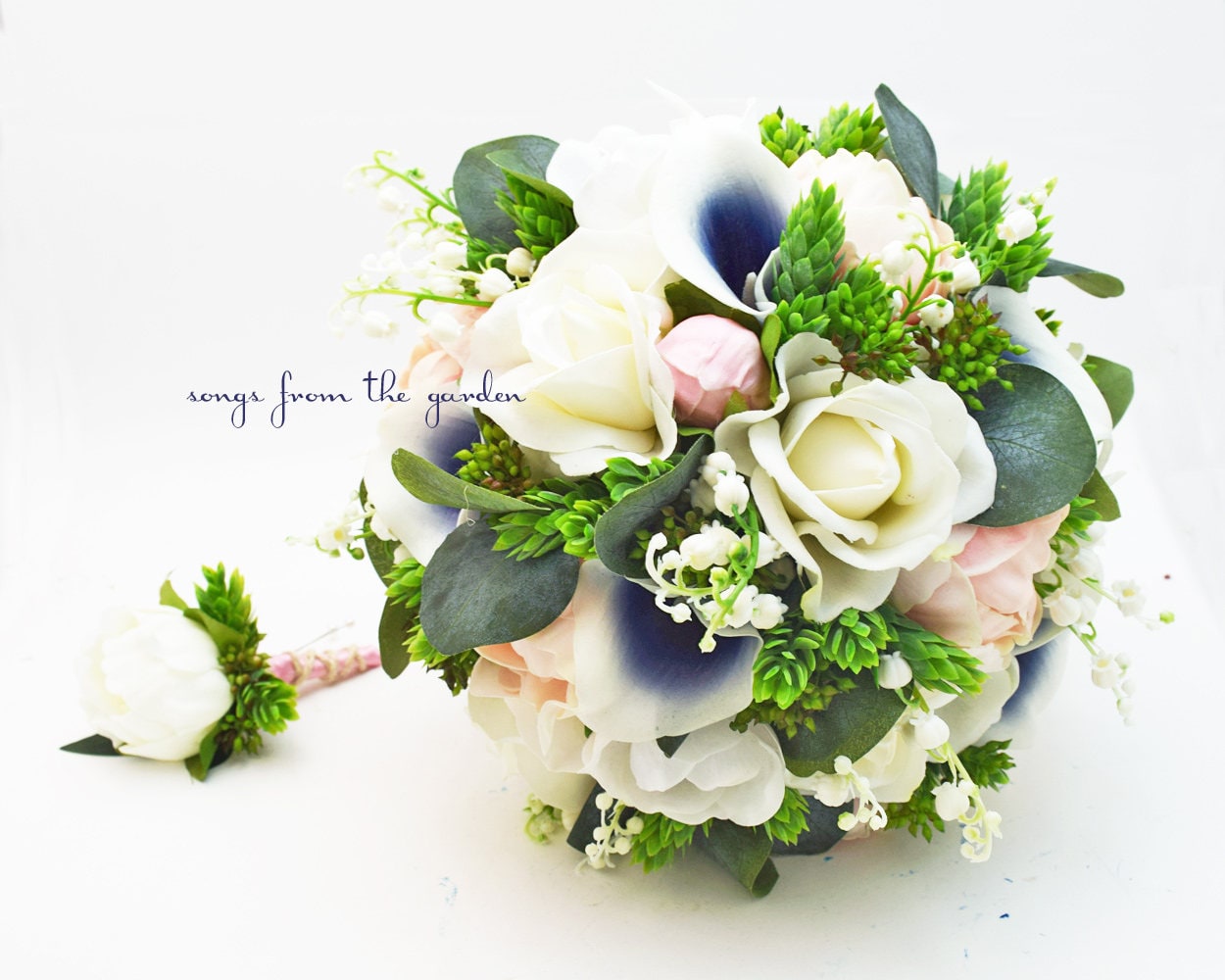 Navy Pink White Real Touch Bouquet Callas Anemones Peonies Roses Hops Eucalyptus -add Groom Boutonniere Flower Crown Centerpiece and More!