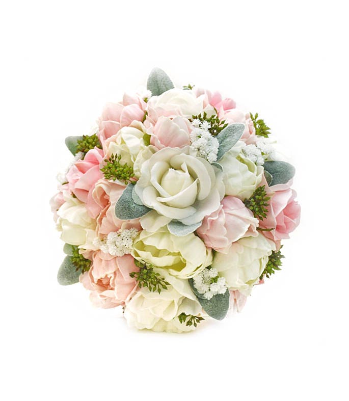 Pink White Peonies & Roses Bridal Prom Bouquet Eucalyptus Greenery - Add Groom Boutonniere Wedding Arch Flowers Centerpiece Corsage More!