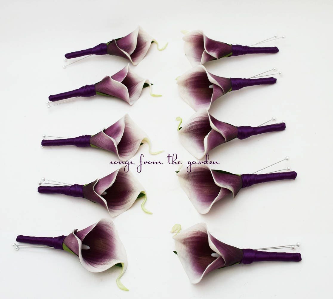Real Touch Plum Picasso Calla Lily Boutonnieres Groom Groomsmen - Wedding Prom Groom Groomsmen- Customize for Your Wedding Colors