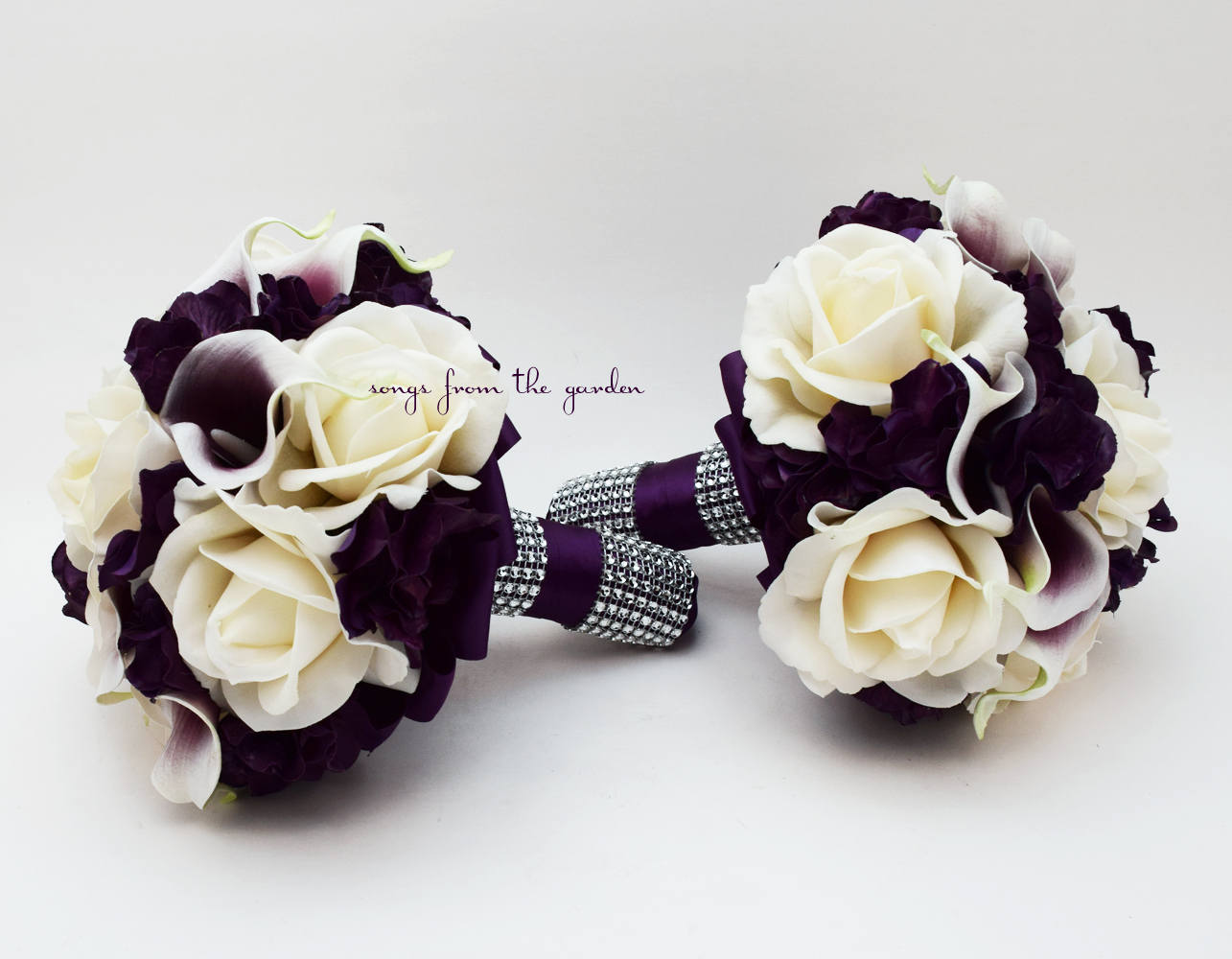 Purple Bridal or Bridesmaid Bouquet Real Touch Callas Ivory Roses Hydrangea add Groom Boutonniere Flower Crown Corsage Arch Flowers & More!