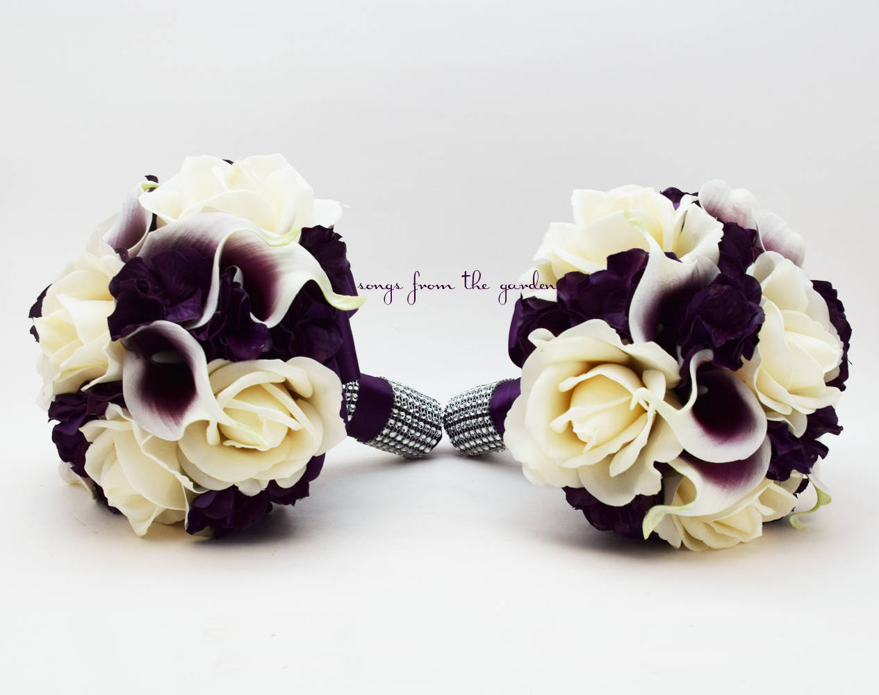 Purple Bridal or Bridesmaid Bouquet Real Touch Callas Ivory Roses Hydrangea add Groom Boutonniere Flower Crown Corsage Arch Flowers & More!