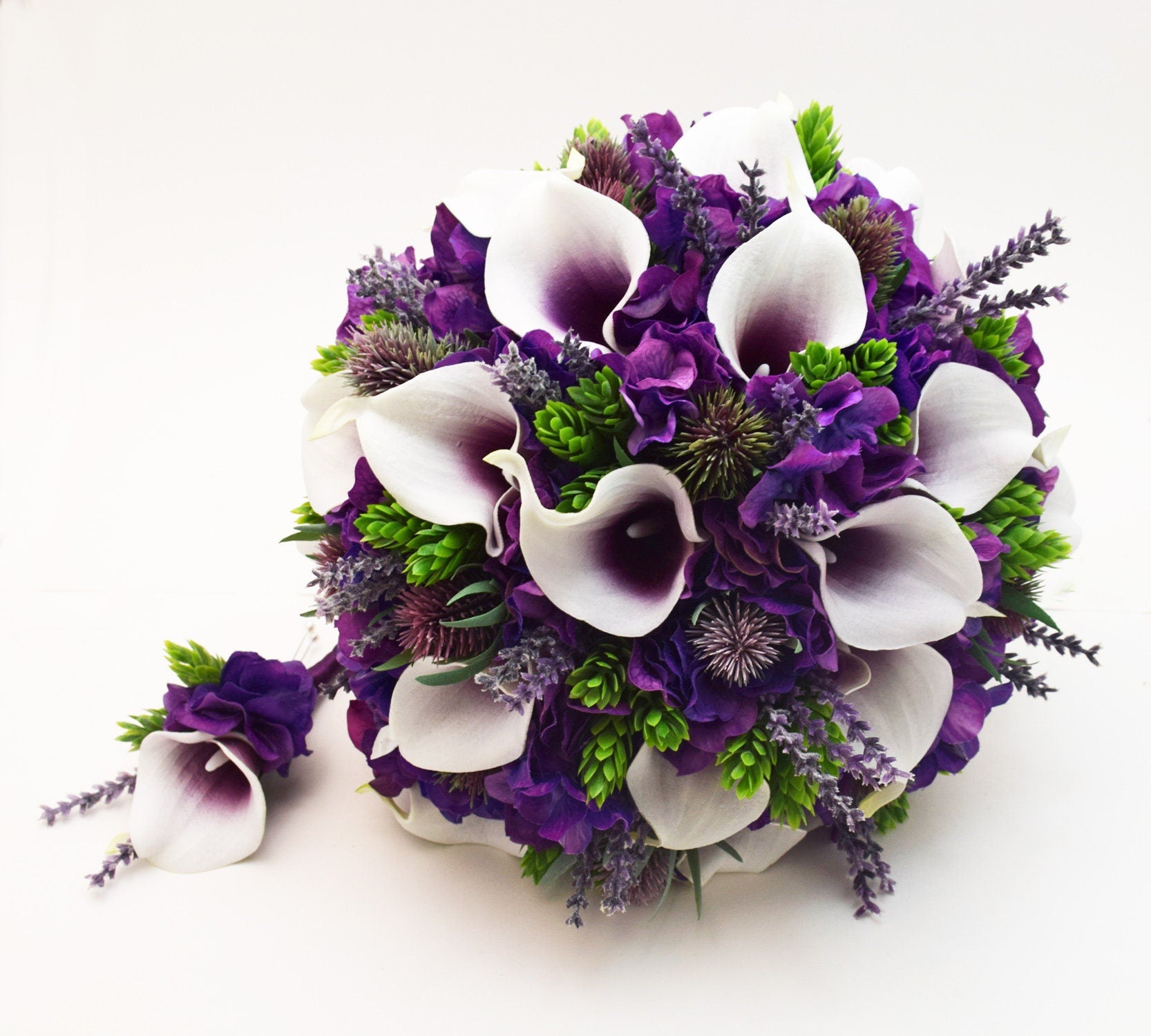 Bridal or Bridesmaid Bouquet Thistle Callas Hops - Add a Groom or Groomsman Boutonniere - Add Wedding Arch Flowers Centerpieces and More!