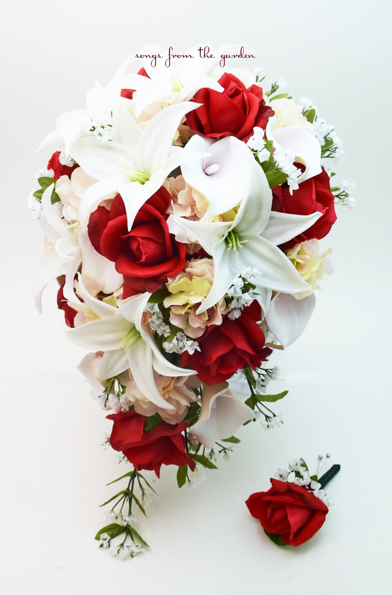 Cascade Bridal Bouquet Red White Blush - Real Touch White Tiger Lilies Red Roses - Add Groom Boutonniere Corsage Arch or Cake Flowers & More