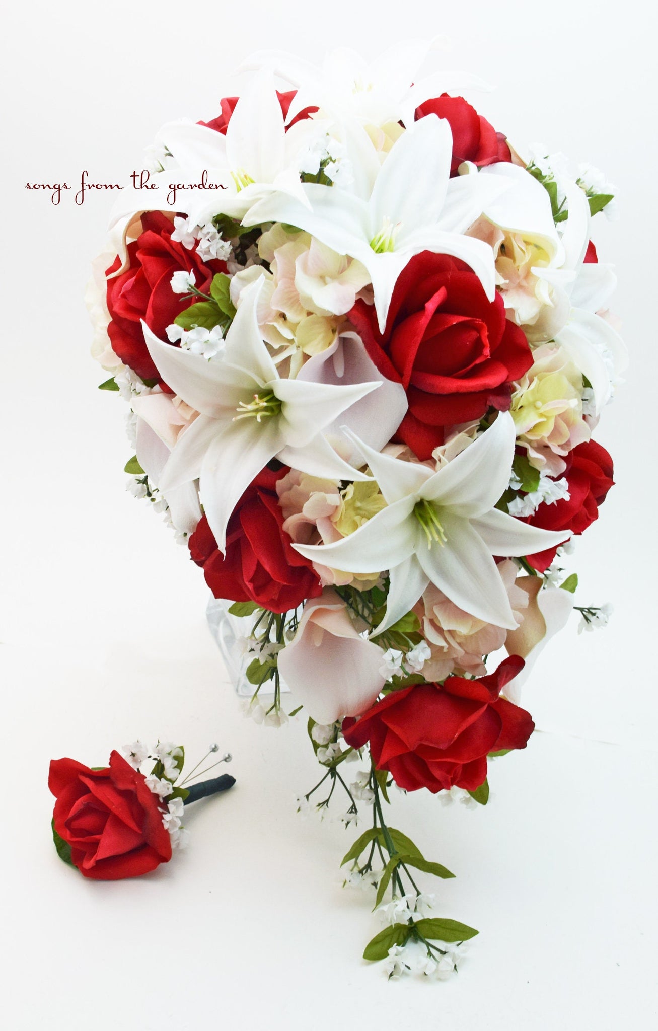 Cascade Bridal Bouquet Red White Blush - Real Touch White Tiger Lilies Red Roses - Add Groom Boutonniere Corsage Arch or Cake Flowers & More