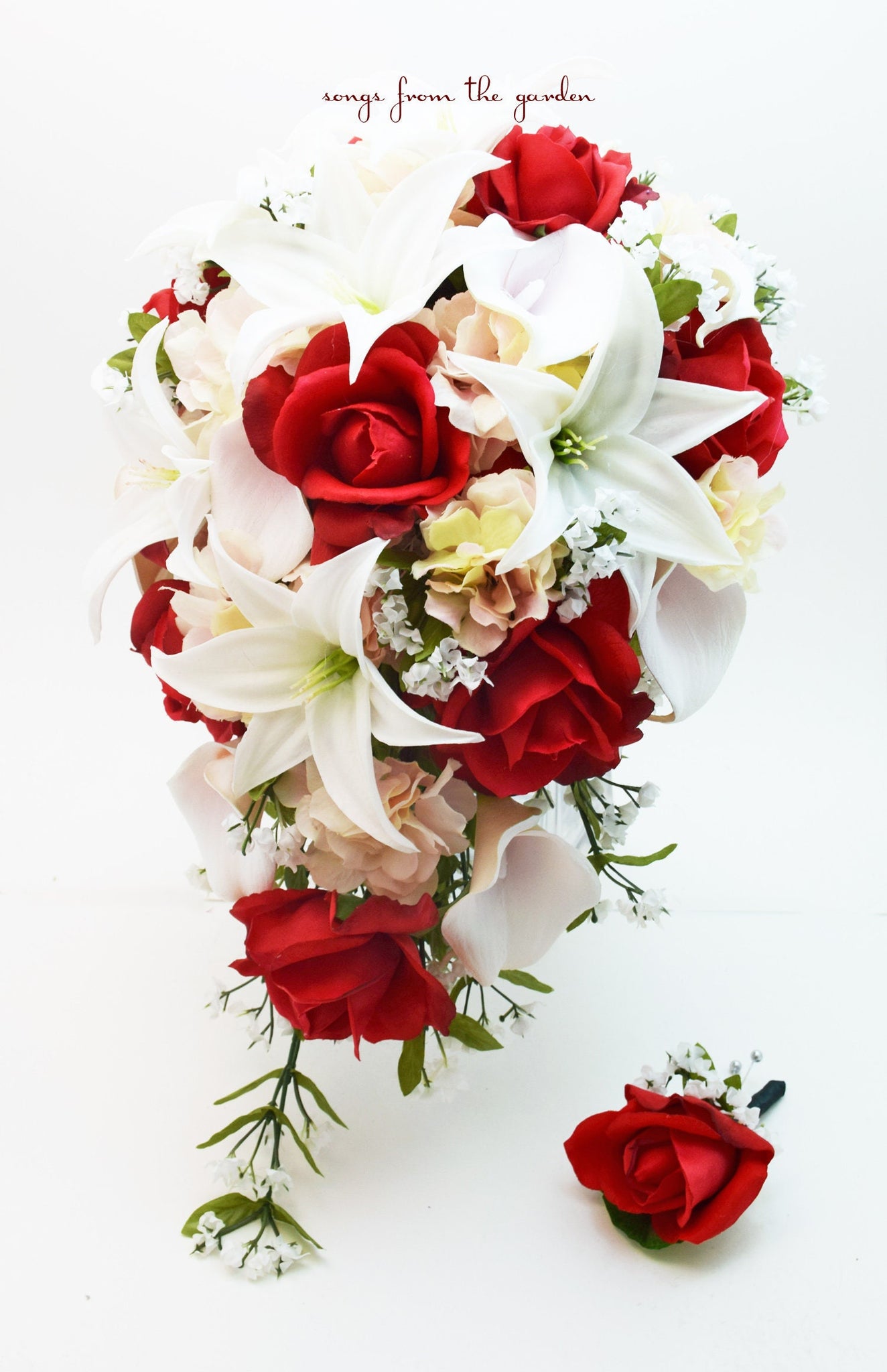 Cascade Bridal Bouquet Red White Blush - Real Touch White Tiger Lilies Red Roses - Add Groom Boutonniere Corsage Arch or Cake Flowers & More