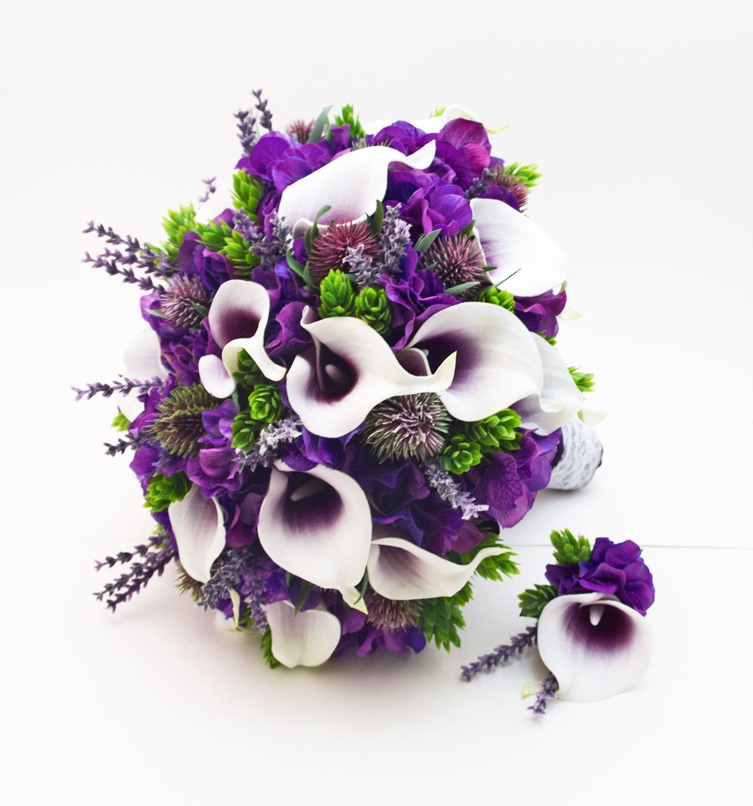 Bridal or Bridesmaid Bouquet Thistle Callas Hops - Add a Groom or Groomsman Boutonniere - Add Wedding Arch Flowers Centerpieces and More!