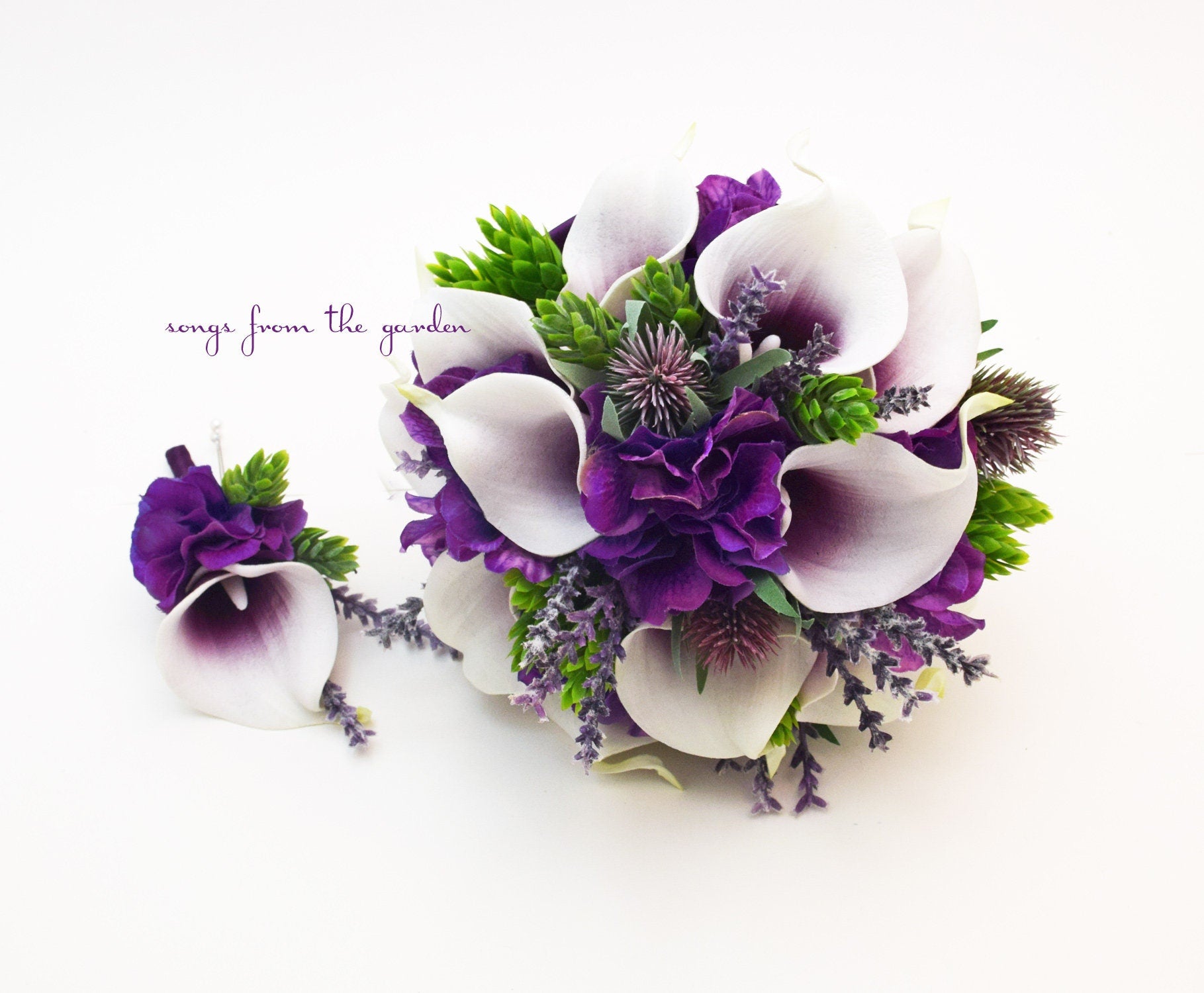 Bridal or Bridesmaid Bouquet Thistle Callas Hops - Add a Groom or Groomsman Boutonniere - Add Wedding Arch Flowers Centerpieces and More!