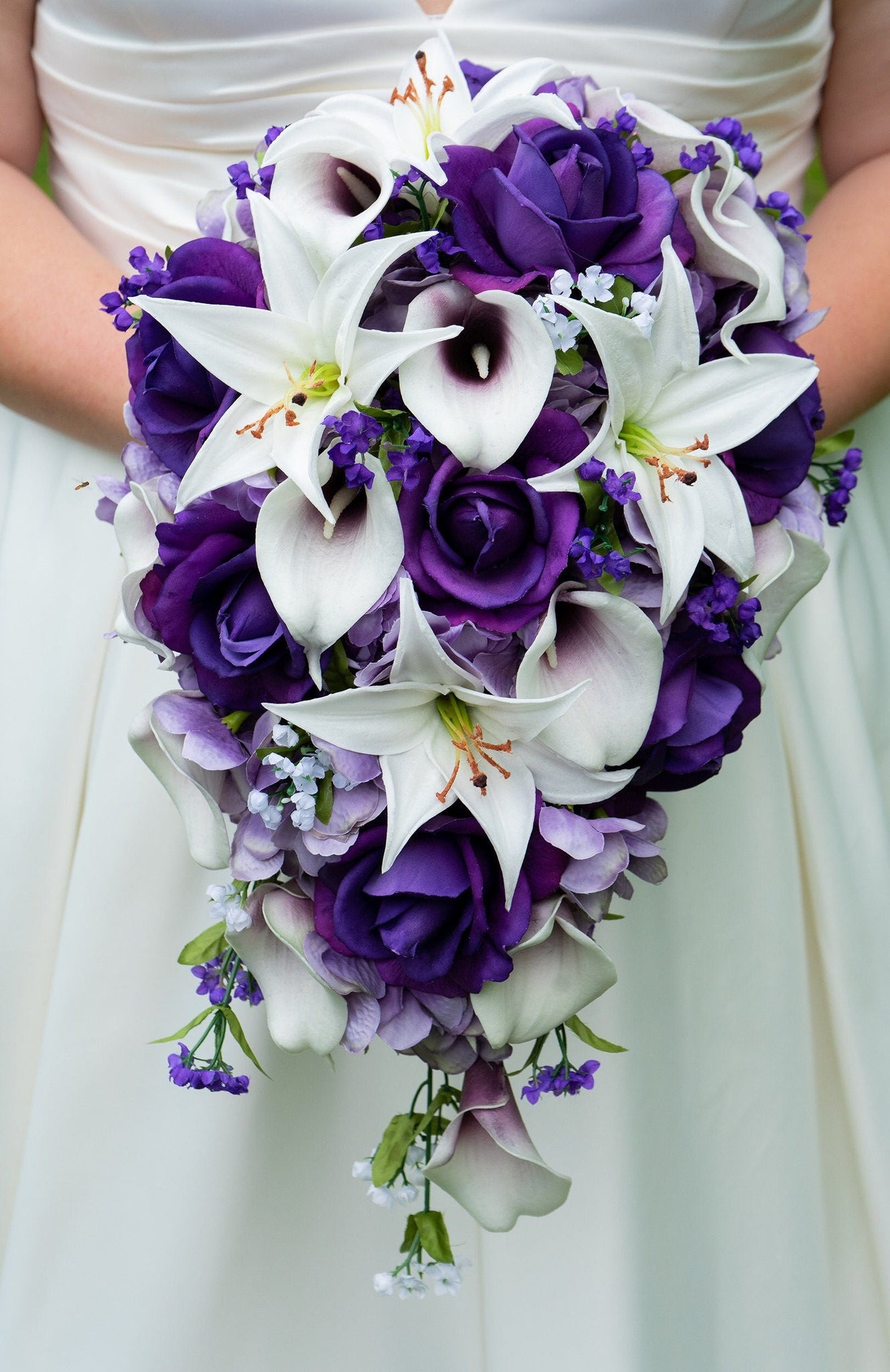 Cascade Wedding Bouquet with Picasso Callas, Real Touch Purple Roses, Tiger Lilies, Lavender Hydrangea - Add a Groom's Boutonniere and More!