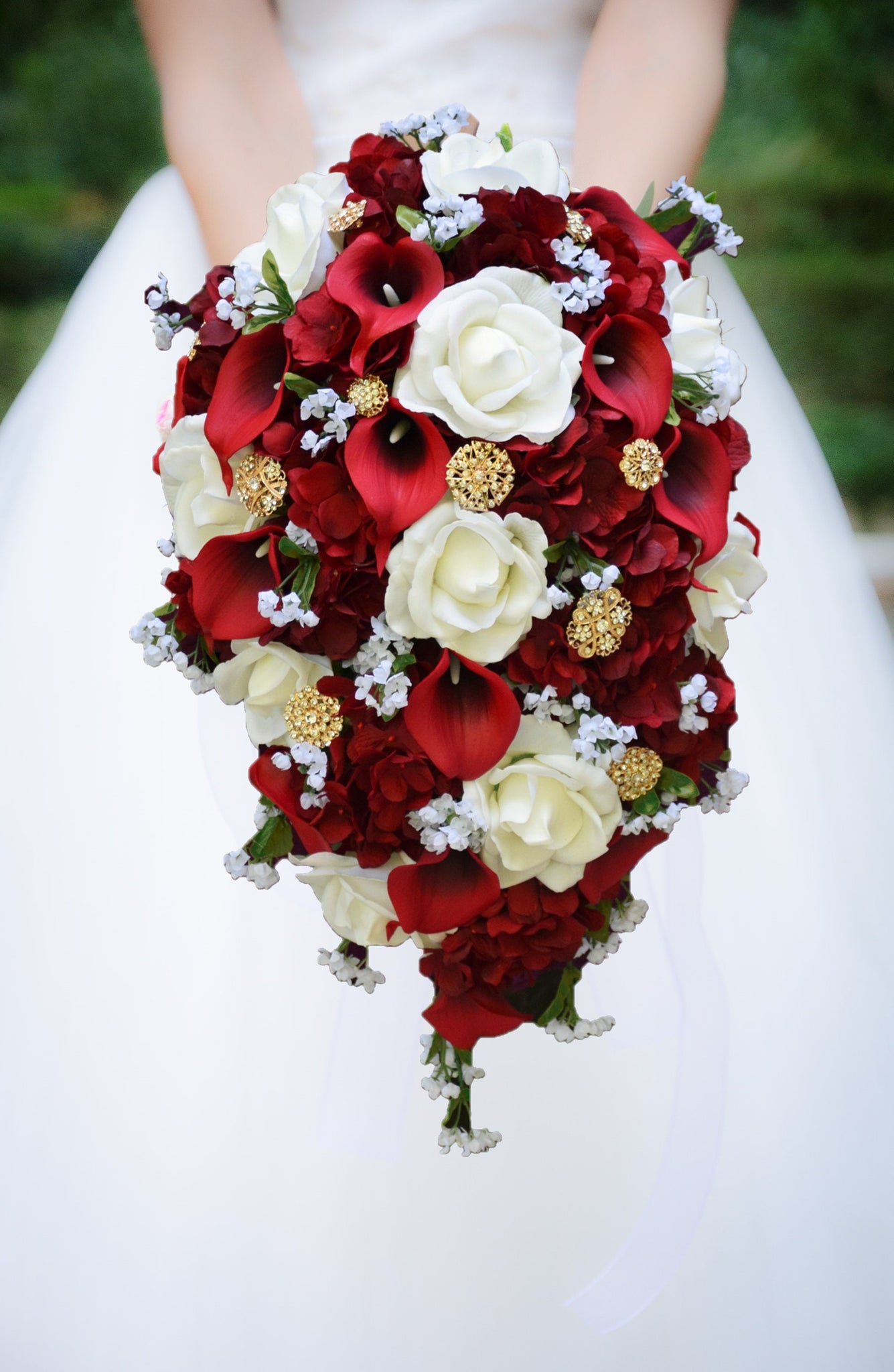 Cascade Bridal Bouquet Red White Gold - Real Touch Calla Lilies Roses Brooches - Add Groom Boutonniere Corsage Bridesmaid Bouquet & More!