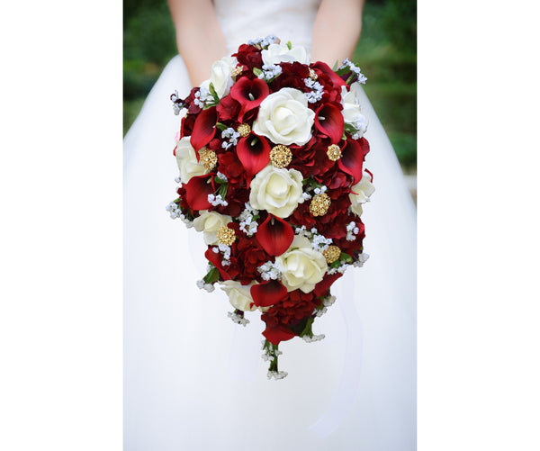 Cascade Bridal Bouquet Red White Gold - Real Touch Calla Lilies Roses Brooches - Add Groom Boutonniere Corsage Bridesmaid Bouquet & More!