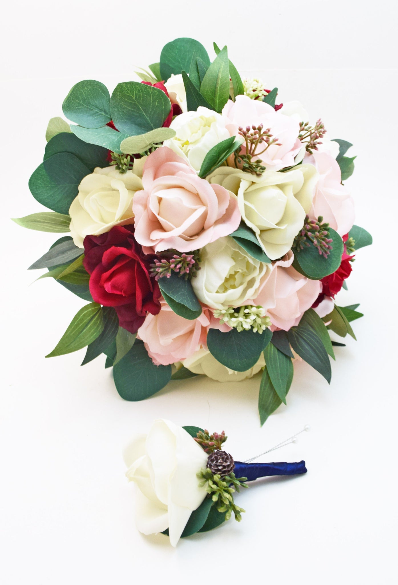 Blush White Burgundy Bridal or Bridesmaid Bouquet Eucalyptus Peonies Roses - Real Touch Wedding Bouquet - Add a Groom's Boutonniere