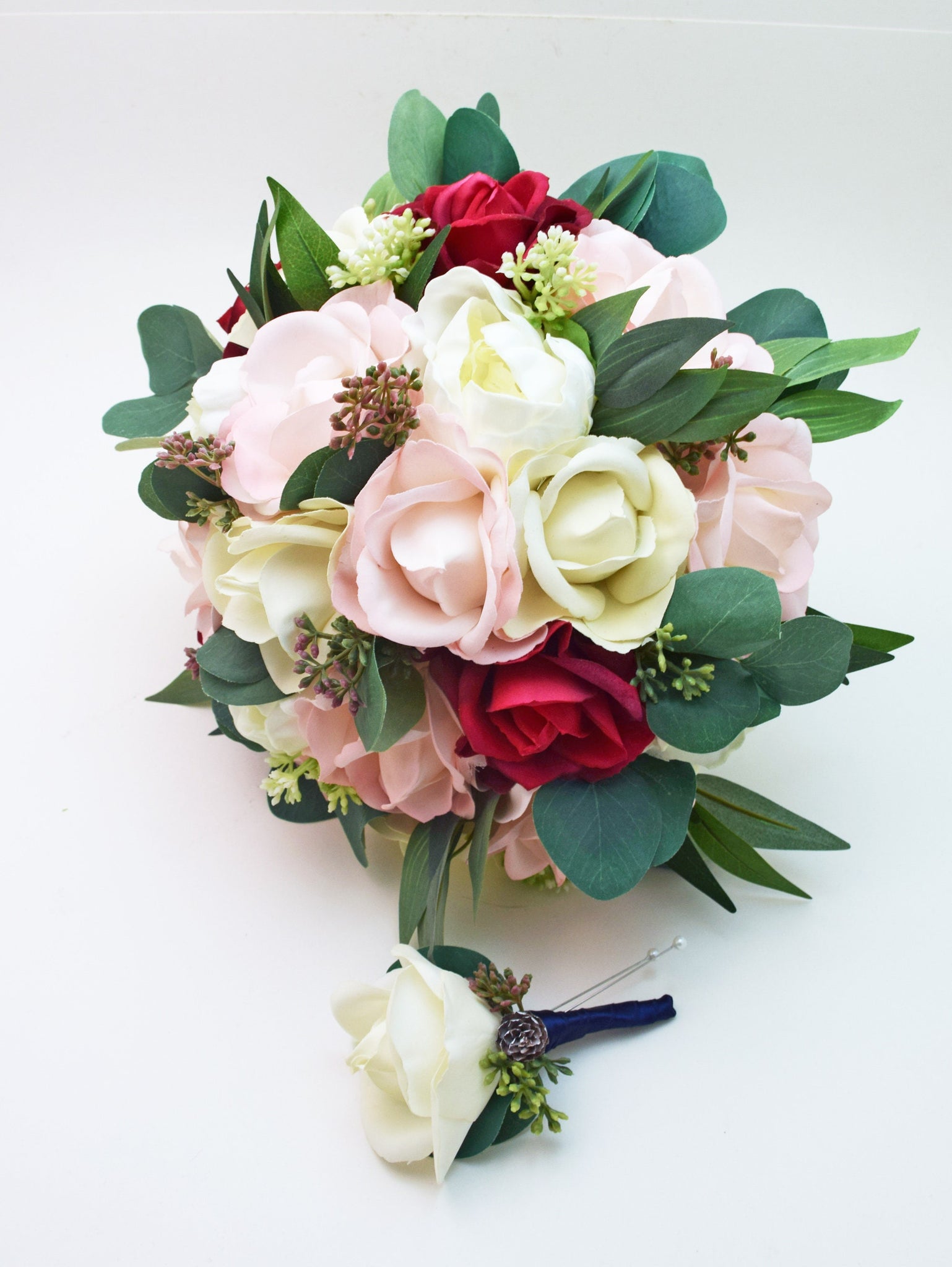 Blush White Burgundy Bridal or Bridesmaid Bouquet Eucalyptus Peonies Roses - Real Touch Wedding Bouquet - Add a Groom's Boutonniere