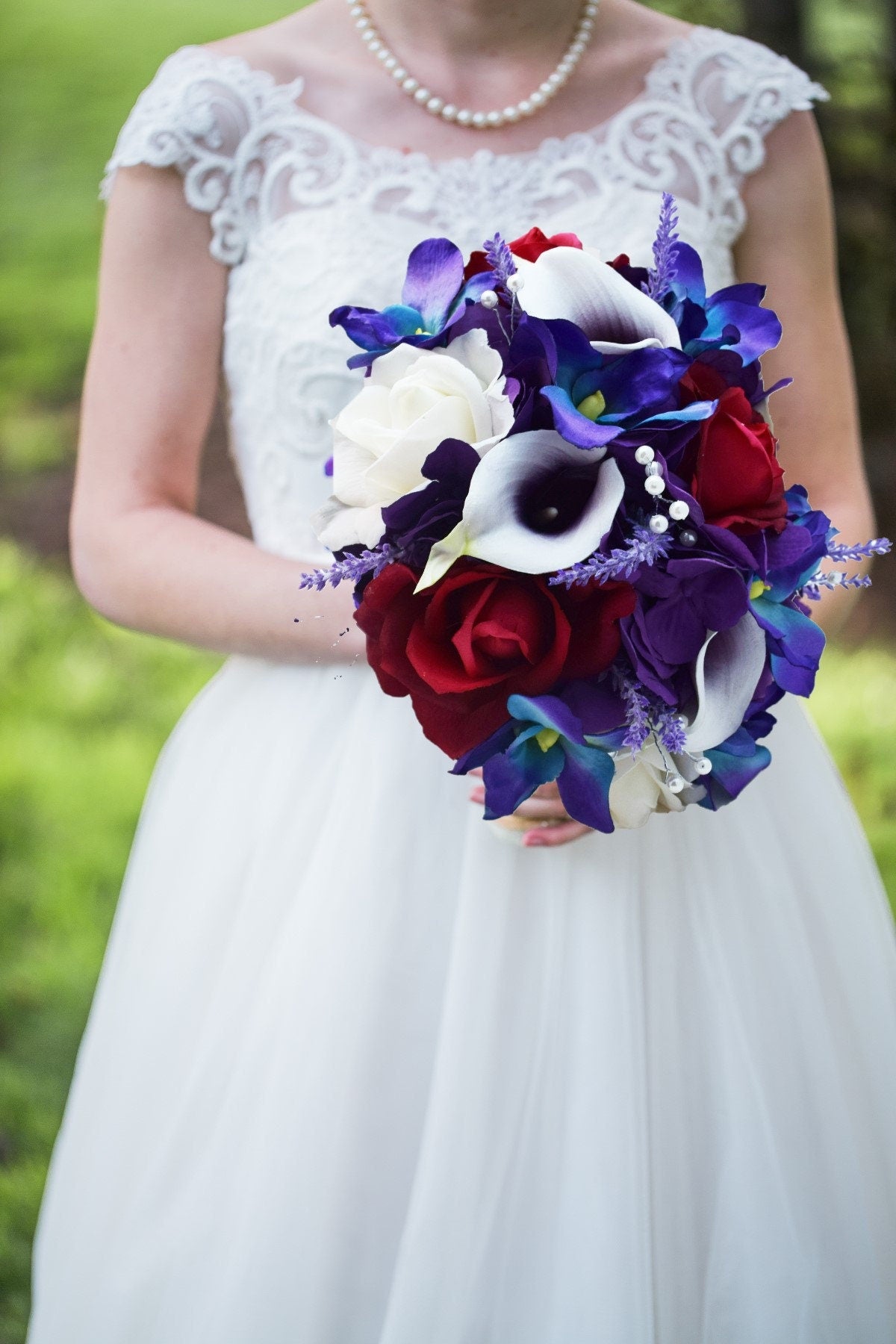 Galaxy Blue Orchid Callas Burgundy Roses Cascade Bridal Bouquet - add a Groom's Groomsmen Boutonniere Bridesmaid Bouquet Wedding Centerpiece