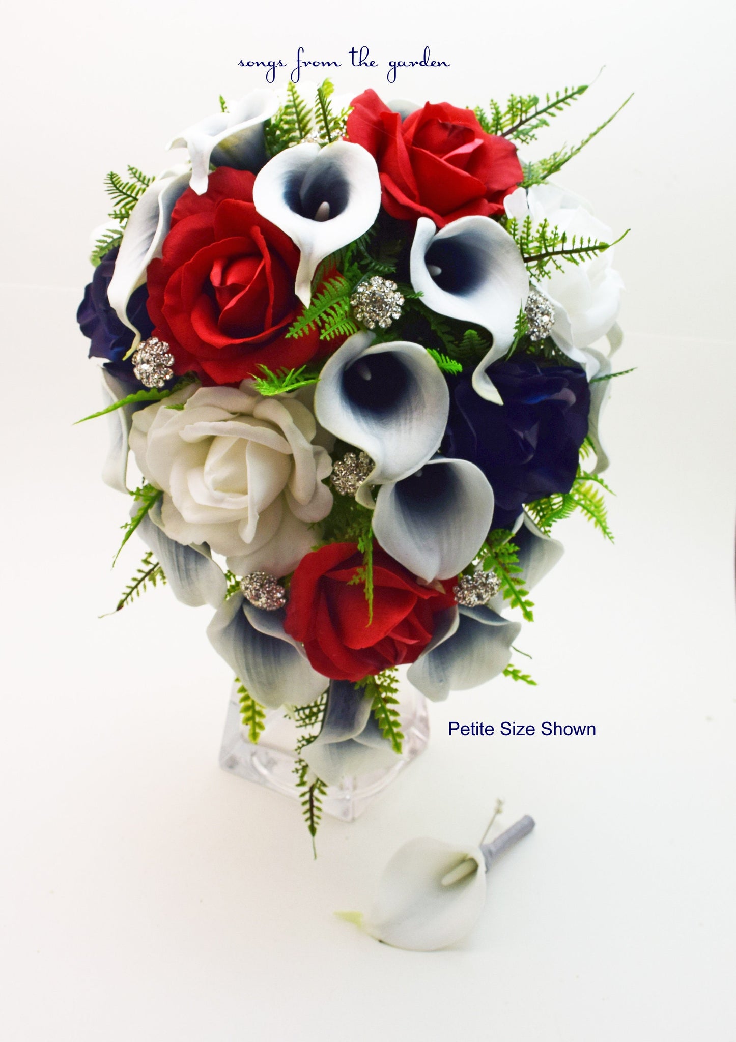 Cascade Bridal Bouquet Navy Blue Callas Real Touch White Navy Red Rose, Rhinestones - Add a Groom Boutonniere Bridesmaid Bouquet & More!