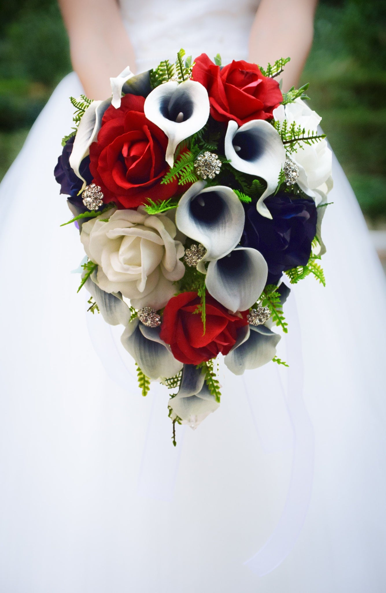 Cascade Bridal Bouquet Navy Blue Callas Real Touch White Navy Red Rose, Rhinestones - Add a Groom Boutonniere Bridesmaid Bouquet & More!