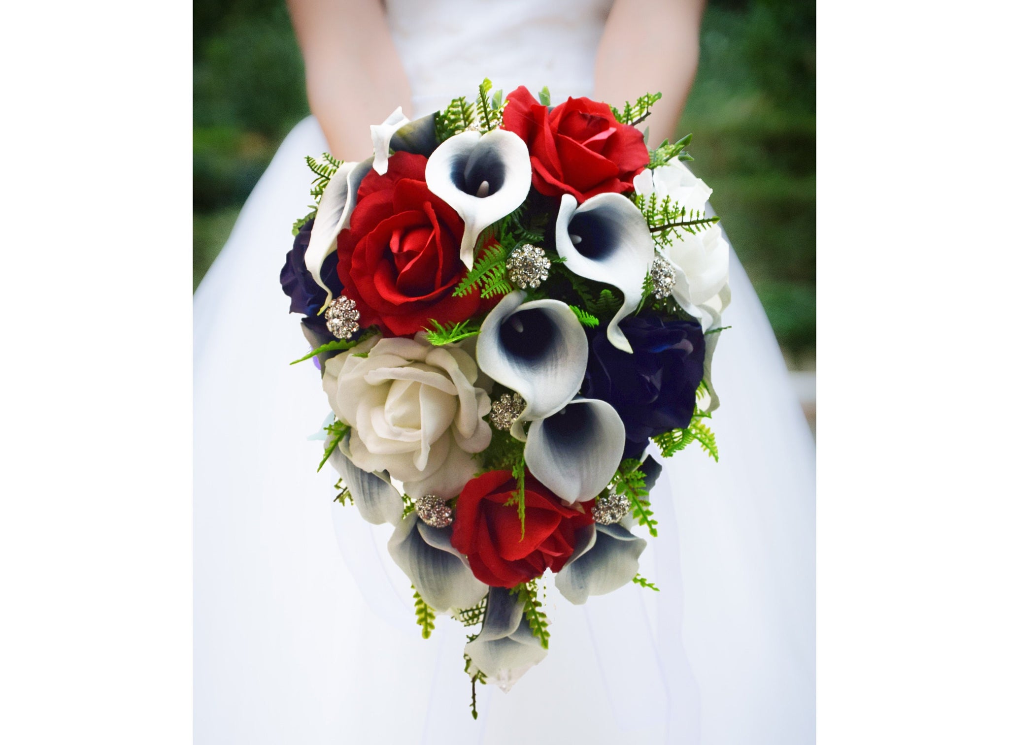 Cascade Bridal Bouquet Navy Blue Callas Real Touch White Navy Red Rose, Rhinestones - Add a Groom Boutonniere Bridesmaid Bouquet & More!