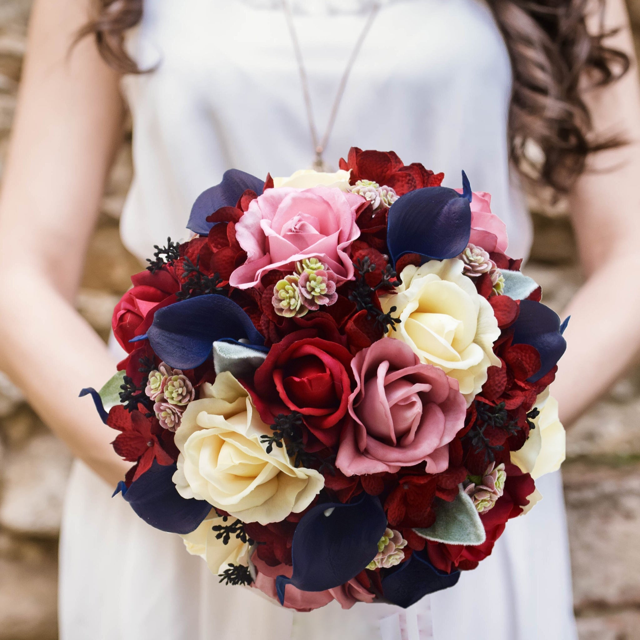 Fall Wedding Bridal or Bridesmaid Bouquet Mauve Burgundy Navy Red - Succulents Calla Lilies Roses - add Groom Groomsmen Boutonnieres & More!