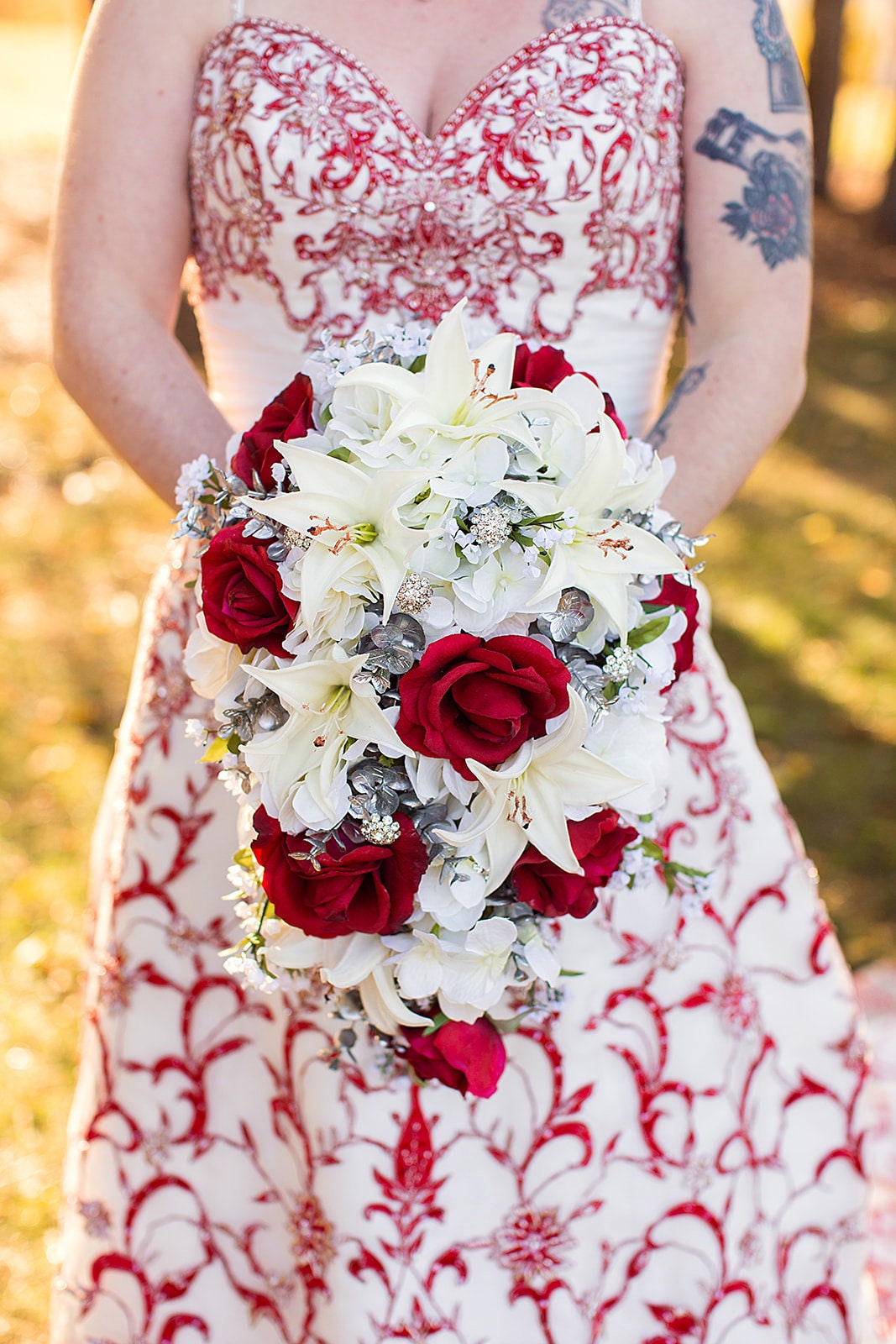Cascade Bridal Bouquet - Red White and Silver - Tiger Lilies, Rhinestones, Calla Lilies, Roses - Add Groom's Boutonniere - Waterfall Bouquet