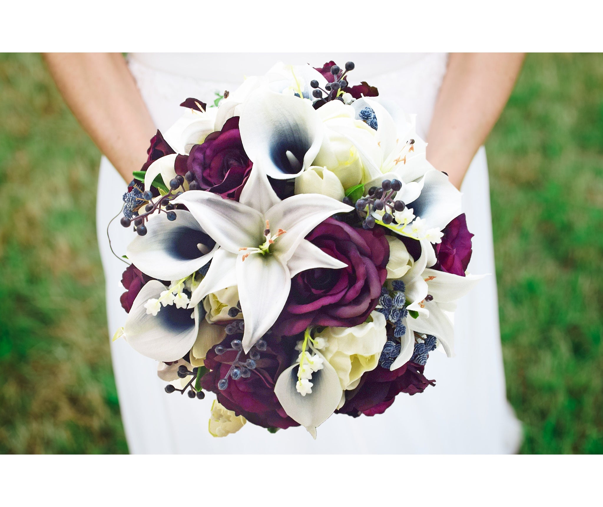 White Tiger Lilies Plum Roses Navy Callas - Cascade Bridal or Bridesmaid Bouquet Groom Groomsmen Boutonniere Add Flower Crown Centerpiece & More!