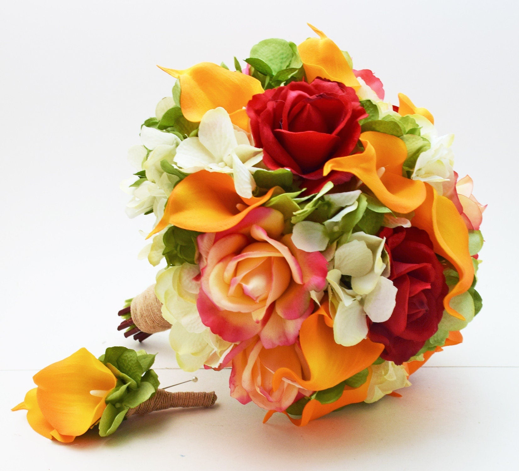 Cascade Fall Wedding Bouquet - Orange Red Yellow Teardrop Bouquet - Add Groom Boutonniere Bridesmaid Bouquet Wedding Arch Flowers & More!