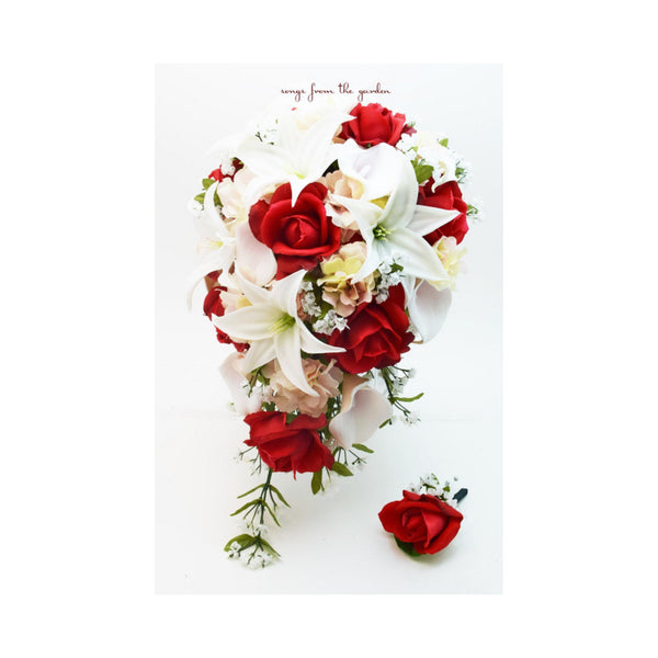 Cascade Bridal Bouquet Red White Blush - Real Touch White Tiger Lilies Red Roses - Add Groom Boutonniere Corsage Arch or Cake Flowers & More