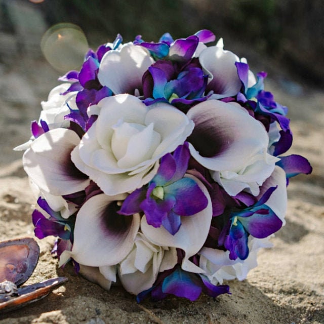 Galaxy Blue Orchid Calla Bridal or Bridesmaid Bouquet - add a Groom's or Groomsman Boutonniere - Blue Purple Plum White Wedding Bouquet