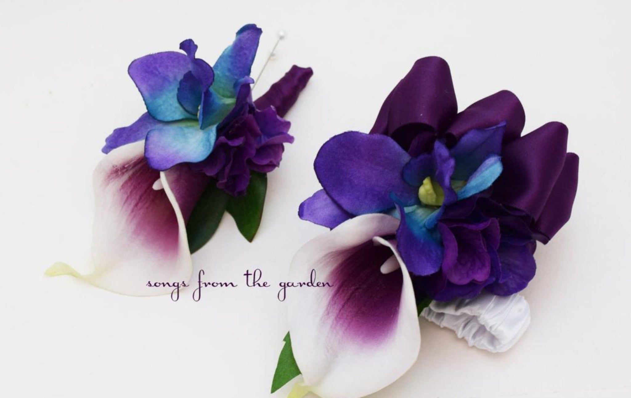 Galaxy Blue Orchid Calla Bridal or Bridesmaid Bouquet - add a Groom's or Groomsman Boutonniere - Blue Purple Plum White Wedding Bouquet