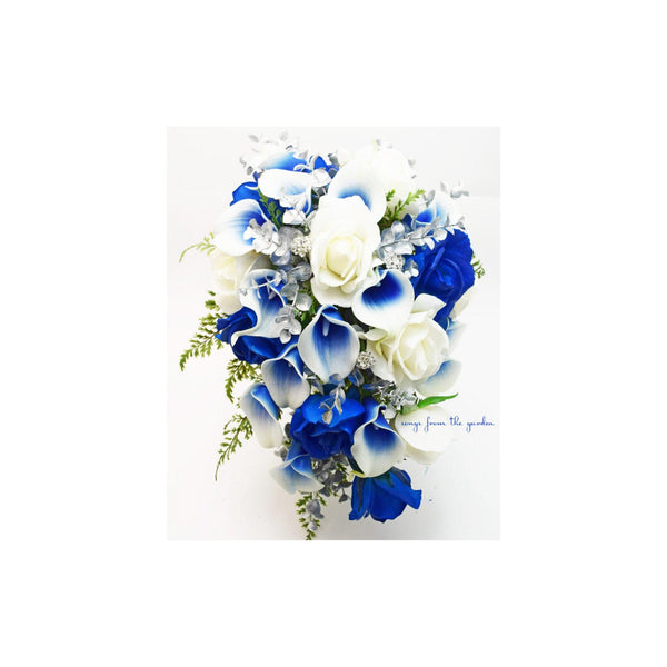Navy Blue White Cascade Bridal Bouquet Real Touch Callas Roses Rhinestones  Add Boutonniere Bridesmaid Bouquet Crown Cake Flowers & More 