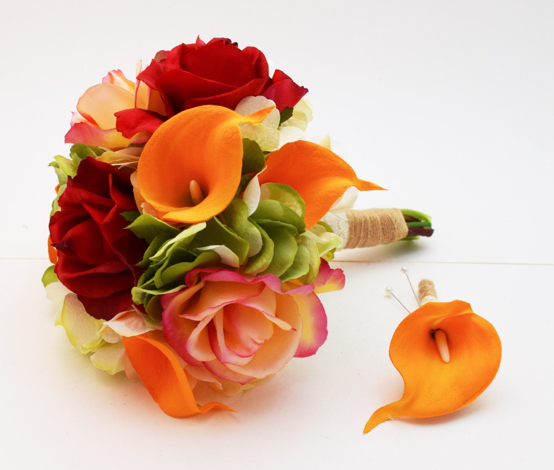 Cascade Fall Wedding Bouquet - Orange Red Yellow Teardrop Bouquet - Add Groom Boutonniere Bridesmaid Bouquet Wedding Arch Flowers & More!