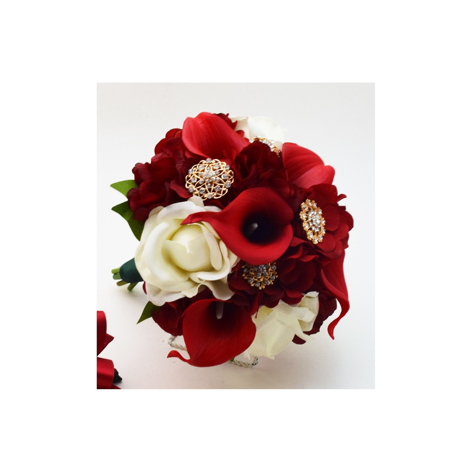 Cascade Bridal Bouquet Red White Gold - Real Touch Calla Lilies Roses Brooches - Add Groom Boutonniere Corsage Bridesmaid Bouquet & More!