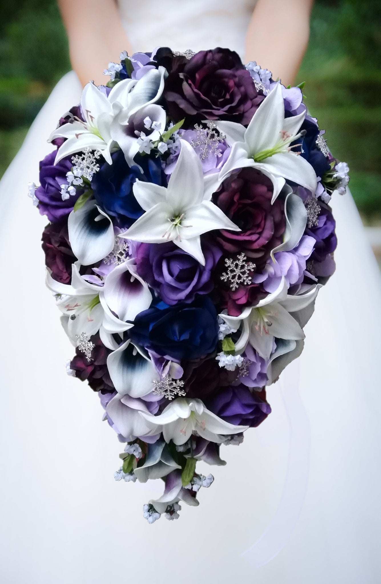 Cascade Bridal Bouquet Real Touch Plum Purple Roses Calla Tiger Lilies - Add Groom Boutonniere Flower Crown Wedding Arch Flowers & More!