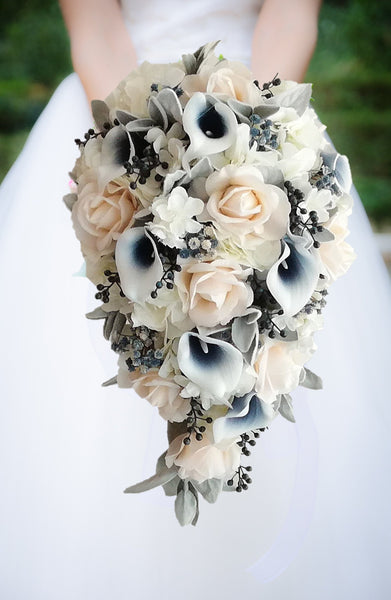 navy blue and white calla lily Navy Ivory Grey Cascade Bridal Bouquet