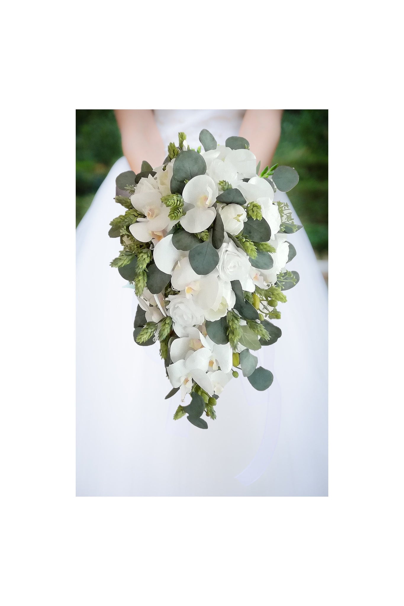Eucalyptus Cascade Bridal Bouquet - Hops Real Touch Orchids White Peonies Roses - Add a Groom's Boutonniere Bridesmaids & More