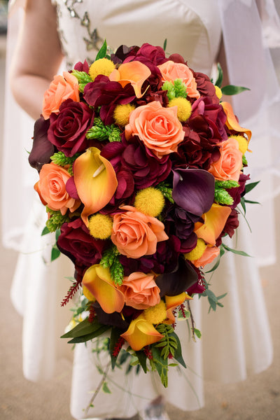 Cascade Bridal Bouquet - Fall Wedding Flowers- Plum Orange Callas Lilies Roses - Add Boutonniere, Corsage, Wedding Arch Flowers and More!
