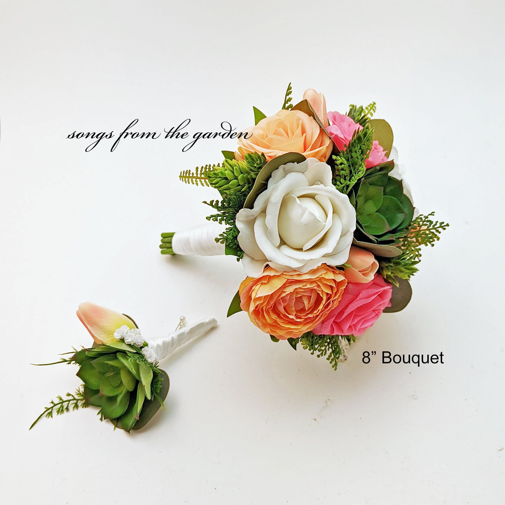 Cascade Bridal Bouquet Succulents Roses Ranunculus Hot Pink Apricot Peach White - Add Bridesmaids Bouquets Wedding Corsages Boutonnieres