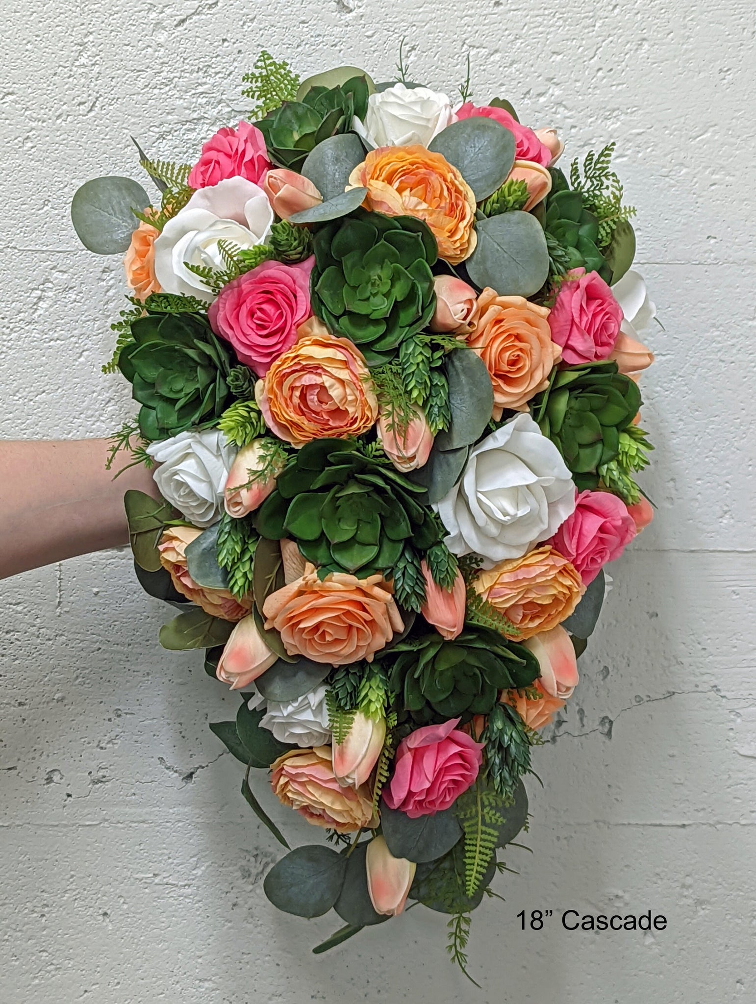 Cascade Bridal Bouquet Succulents Roses Ranunculus Hot Pink Apricot Peach White - Add Bridesmaids Bouquets Wedding Corsages Boutonnieres