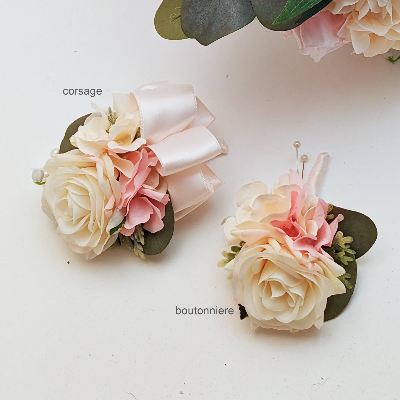 Bridal Bridesmaid Wedding Bouquet Eucalyptus Lily of the Valley Peonies Roses Hydrangea Peach Pink White - Add Boutonniere Flower Crown More