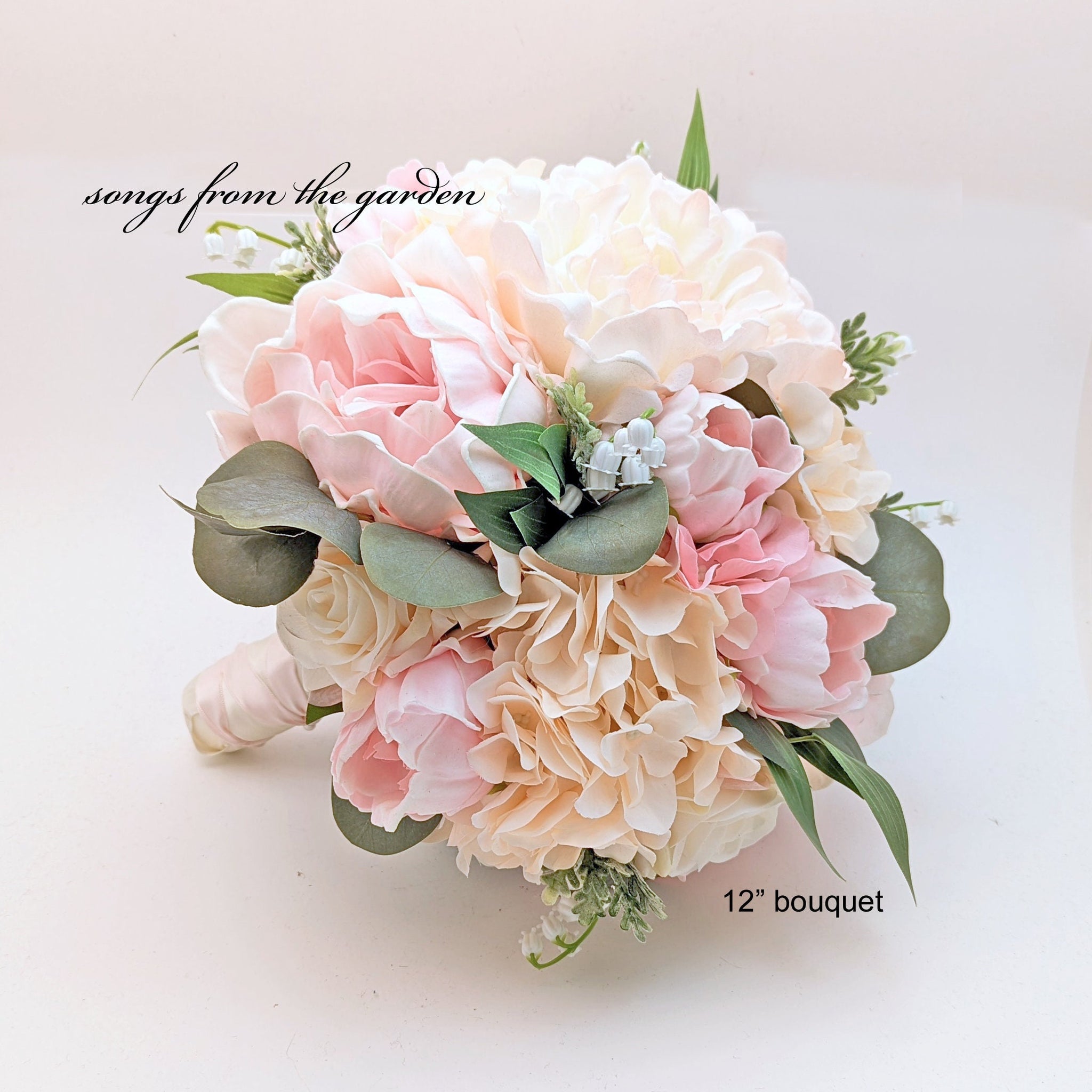 Bridal Bridesmaid Wedding Bouquet Eucalyptus Lily of the Valley Peonies Roses Hydrangea Peach Pink White - Add Boutonniere Flower Crown More