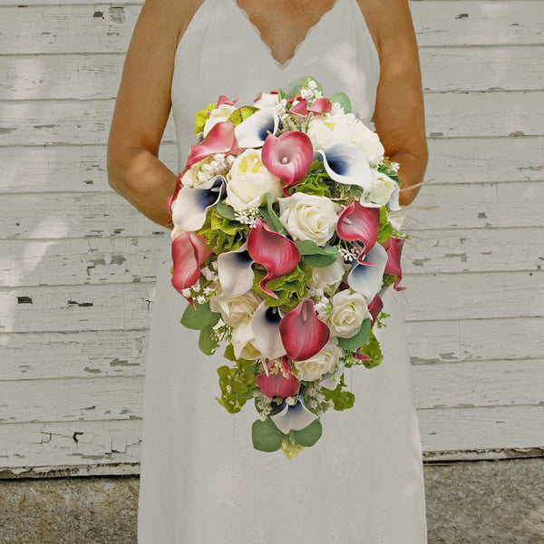 Cascade Bridal Bouquet Wine Navy Roses Callas Eucalyptus Greenery - Add Boutonniere Corsage Bridesmaid Bouquet Flower Crown Arch & More!