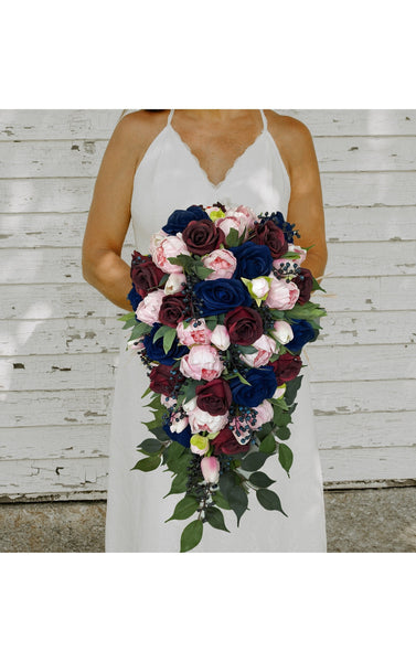 Cascade Bridal Bouquet Burgundy Pink Navy - Tulips Roses Peonies Berries Greenery - Add Groom Boutonniere Bridesmaid Bouquet & More!