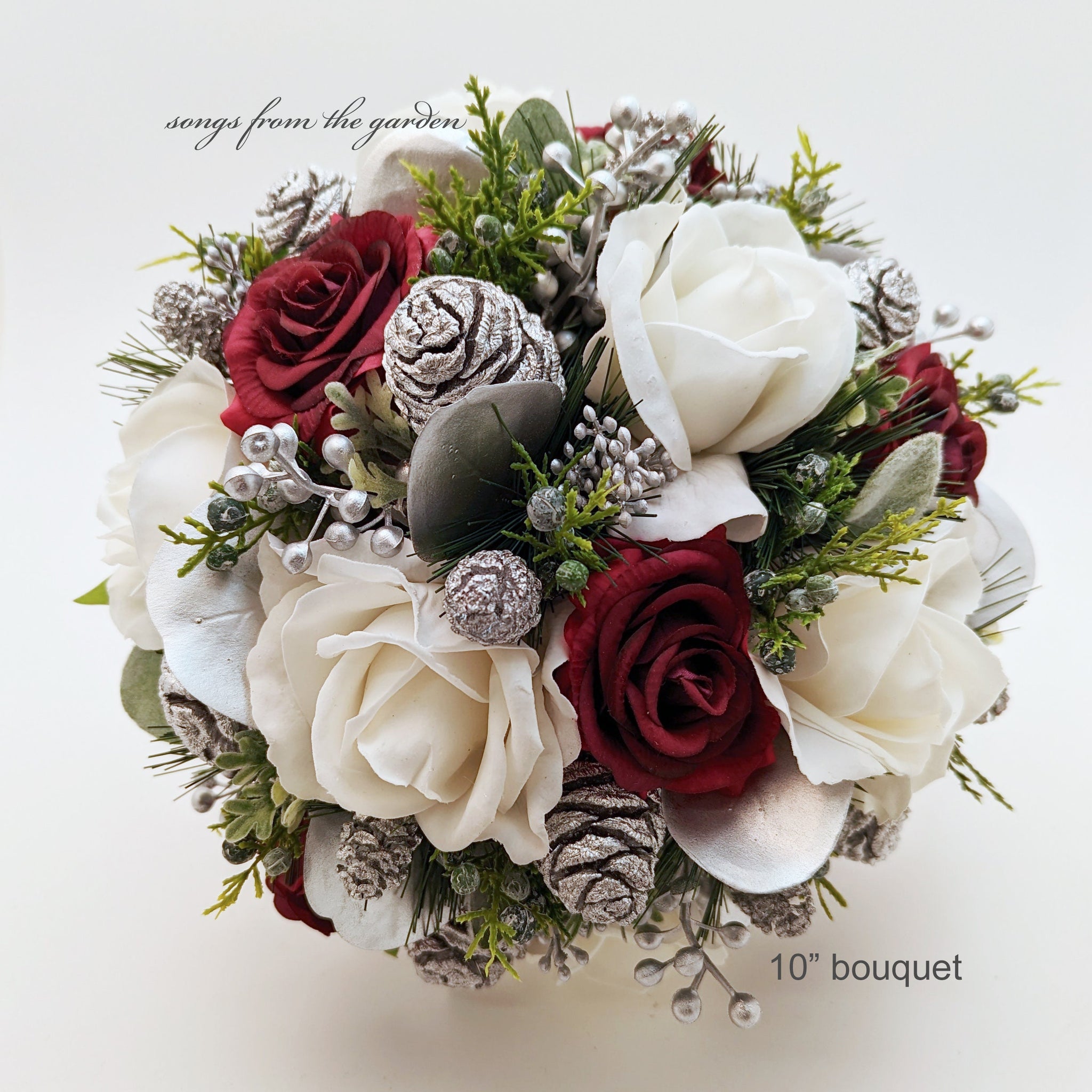 Bridal Bouquet Evergreens Burgundy Silver & White Bouquet Pine Cones Real Touch Roses - add a Groom's Boutonniere Bridesmaids Bouquet More!