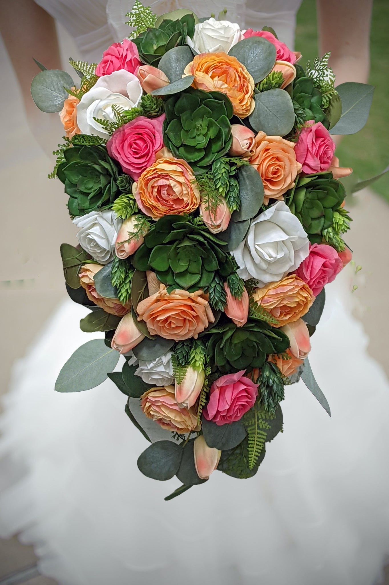 Cascade Bridal Bouquet Succulents Roses Ranunculus Hot Pink Apricot Peach White - Add Bridesmaids Bouquets Wedding Corsages Boutonnieres