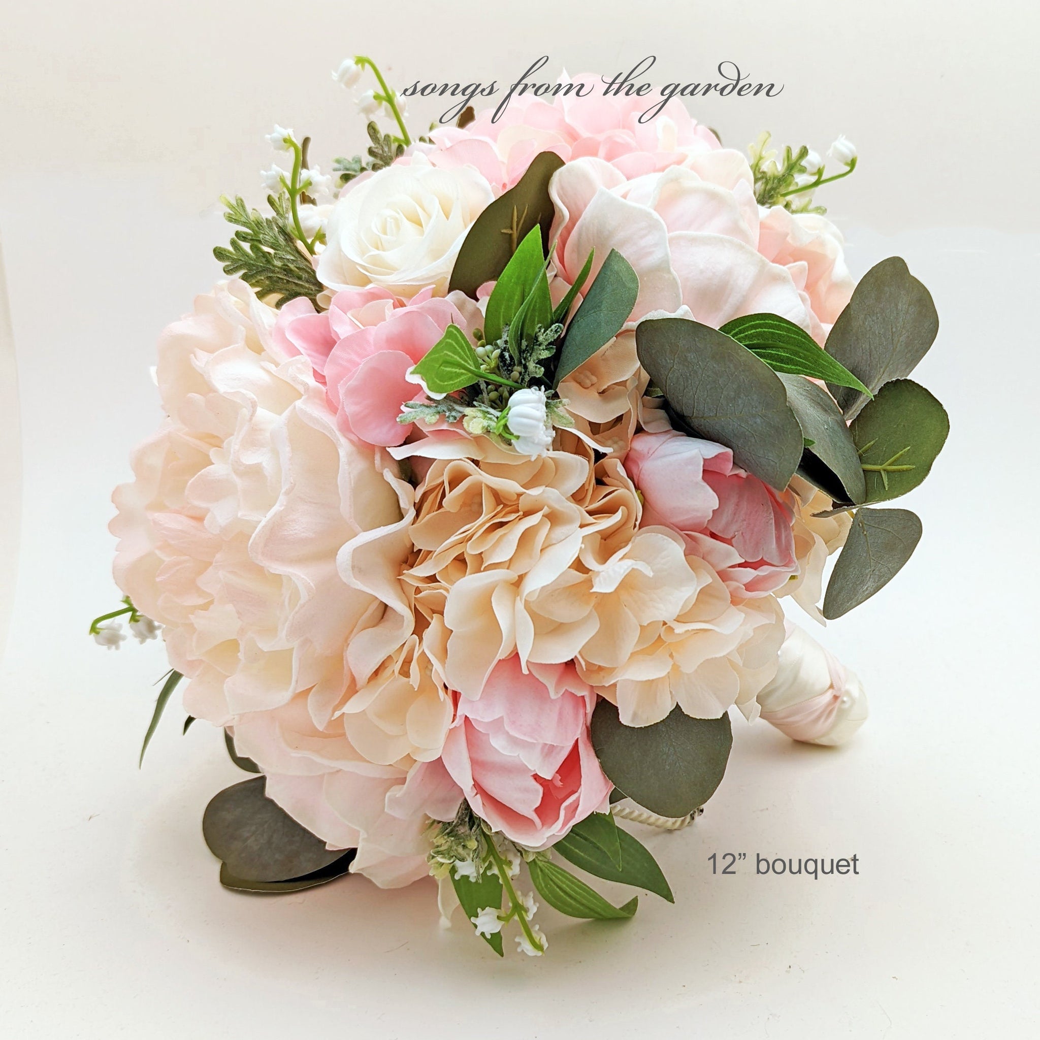 Bridal Bridesmaid Wedding Bouquet Eucalyptus Lily of the Valley Peonies Roses Hydrangea Peach Pink White - Add Boutonniere Flower Crown More