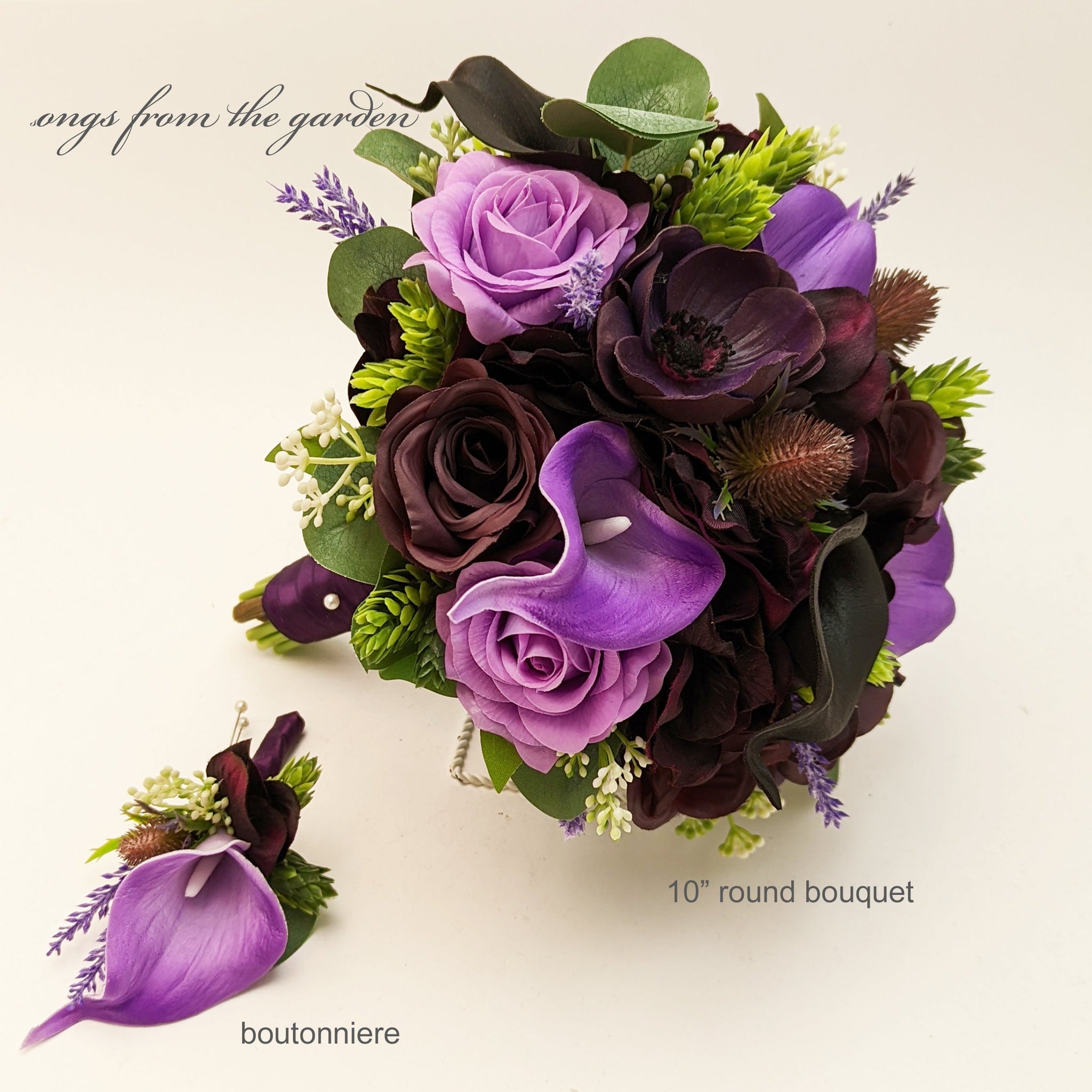 Cascade Bridal Bouquet Black Plum Purple Anemones Roses Callas Eucalyptus - Add Groom's Boutonniere or Matching Corsage Centerpieces & More!