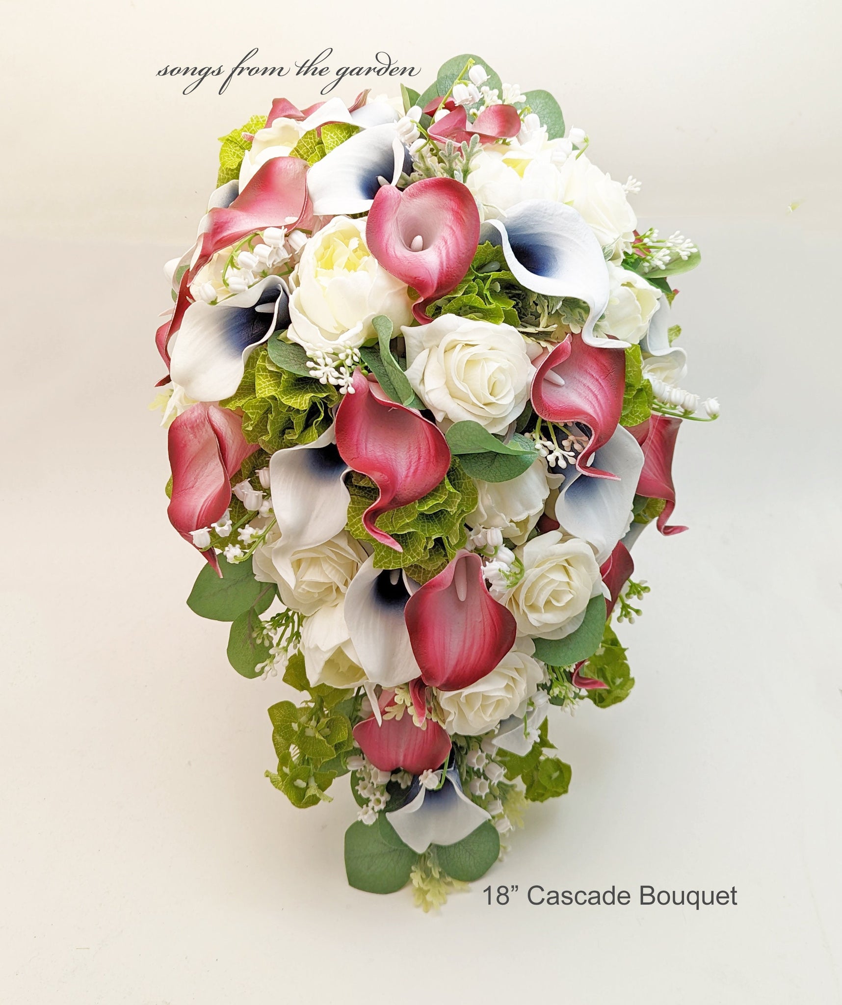 Cascade Bridal Bouquet Wine Navy Roses Callas Eucalyptus Greenery - Add Boutonniere Corsage Bridesmaid Bouquet Flower Crown Arch & More!